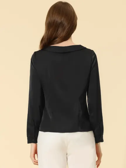 Allegra K- Peter Pan Collar Faux Placket Satin Shirt