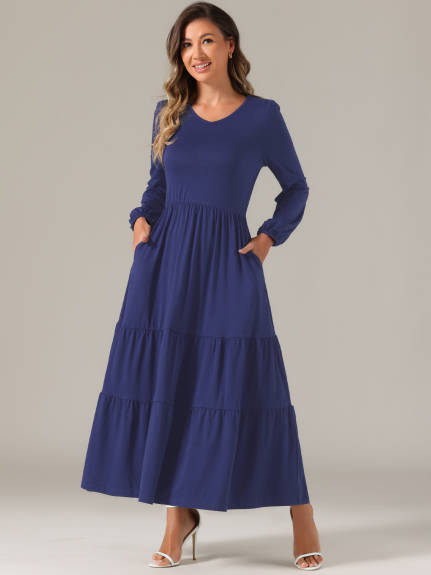 Allegra K - Tiered Midi Casual Dress with Pockets