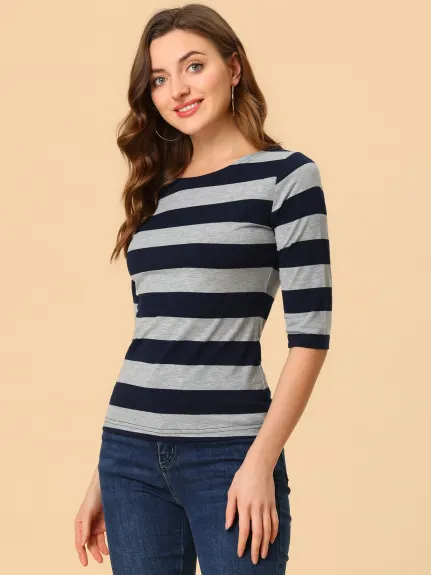 Allegra K- Boat Neck Elbow Sleeve Slim Fit Stripe T-Shirt