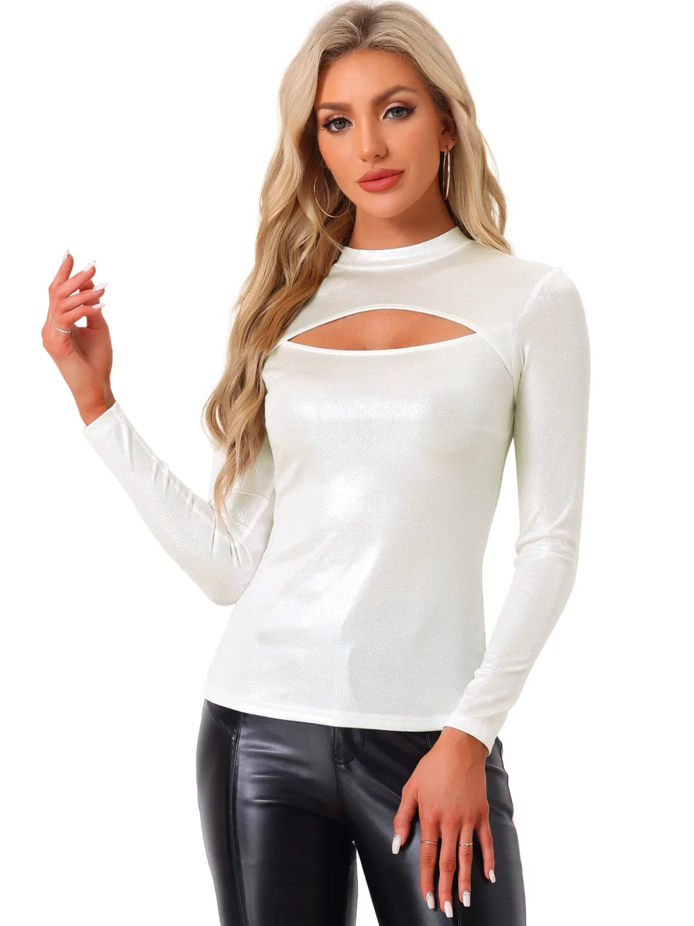 Allegra K- Glitter Mock Neck Long Sleeve Cutout Top