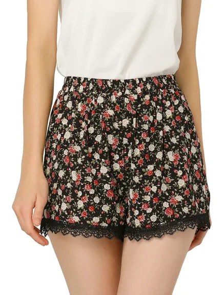 Allegra K - Summer Floral Printed Lace Trim Beach Shorts