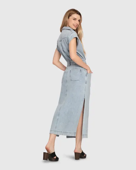 Robe chemise mi-longue en denim Sundown - Délavage à la pierre