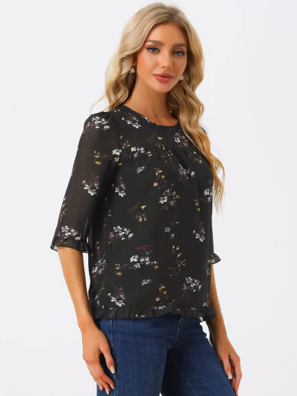 Allegra K- Floral Ruffled 3/4 Sleeve Blouses