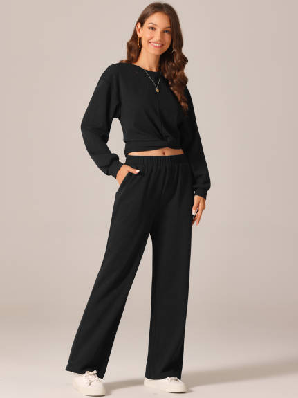 Allegra K - Long Sleeve Crop Tops Sweatsuit Sets