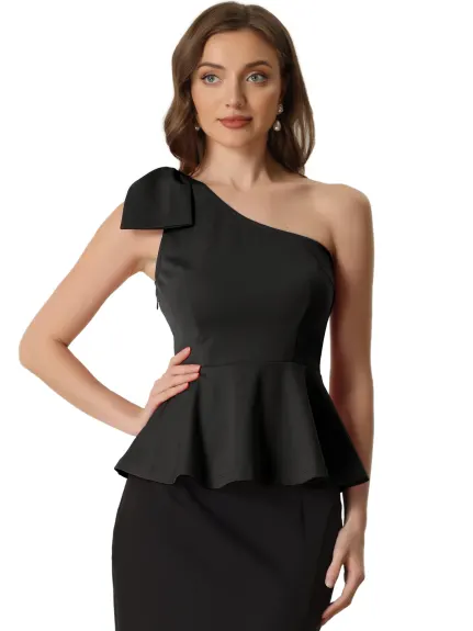 Allegra K- One Shoulder Bow Ruffled Peplum Top