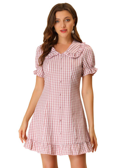 Allegra K- Checks Ruffled Peter Pan Collar Mini Dress