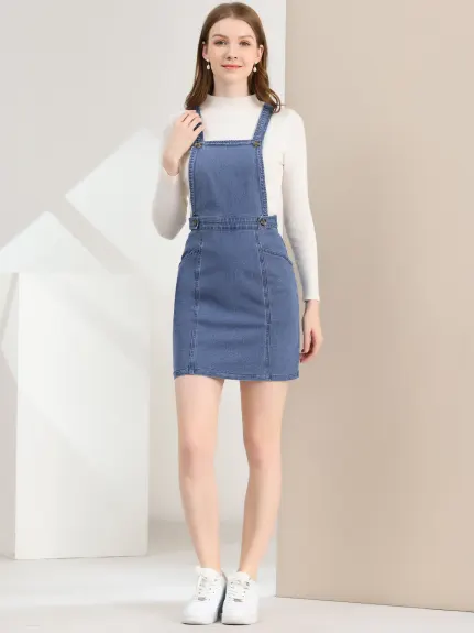 Allegra K- Overall Adjustable Strap A-Line Suspender Denim Dress