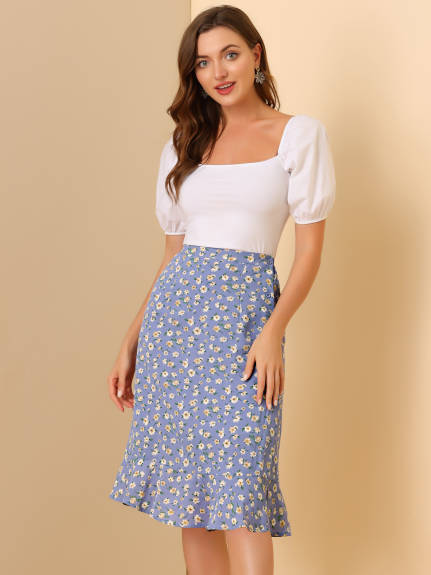 Allegra K- Floral Ruffle A-Line Split Midi Skirt