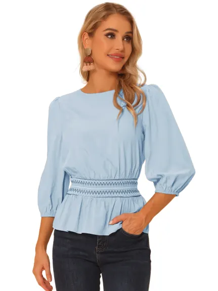 Allegra K- Peplum 3/4 Sleeve Smocked Waist Blouse