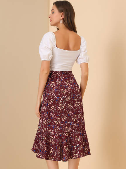 Allegra K- Tie Ruffle Split Midi Floral Wrap Skirt