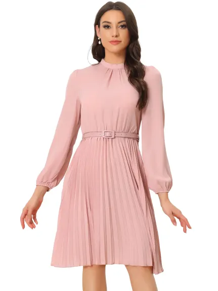 Allegra K- Elegant Long Sleeve Pleated Midi Shirt Dress