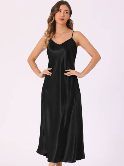 Allegra K - Satin V Neck Spaghetti Strap Maxi Dress