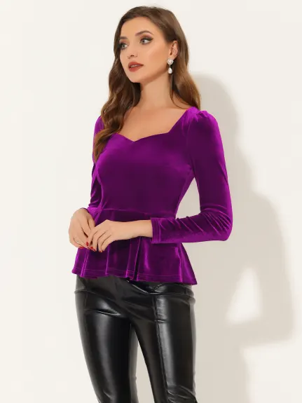 Allegra K- Velvet Sweetheart Neck Long Sleeve Peplum Top