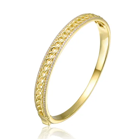 Genevive Sterling Silver 14k Yellow Gold Plated with Cubic Zirconia Chain Link Stiff Bangle Bracelet