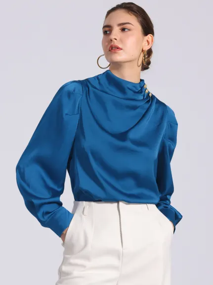 Allegra K - Satin Pleated Mock Neck Puff Sleeve Blouse