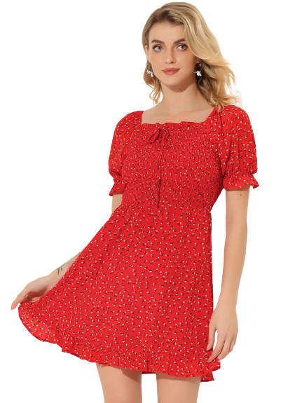 Allegra K- Puff Sleeve Square Neck Ruffled Hem Floral Smocked Dress