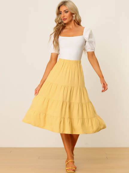 Allegra K- Elastic Waist Tiered A-Line Midi Skirt