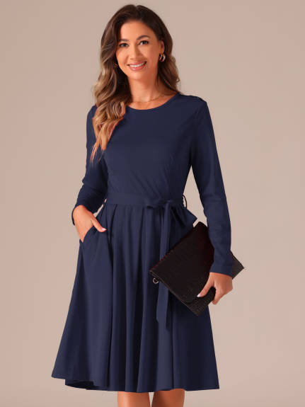 Allegra K - Long Sleeve Tie Waist Pleated Business Dress