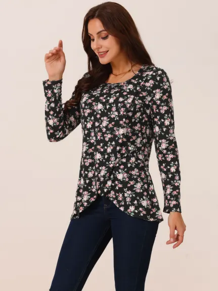 Allegra K - Asymmetrical Hem Floral Casual Top