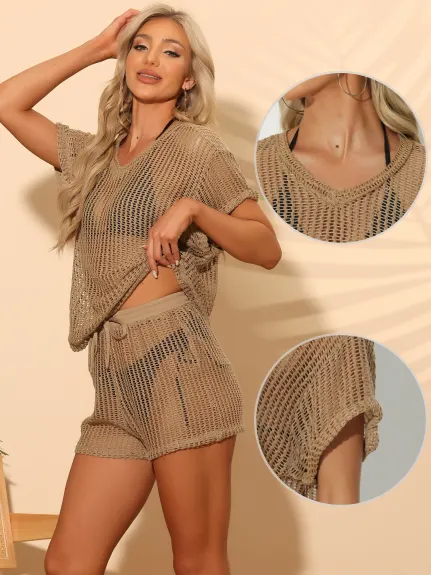 Allegra K- Hollow Out Top and Shorts Cover Ups Set