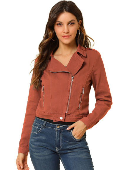 Allegra K- Notched Lapel Asymmetric Zip Moto Denim Jacket