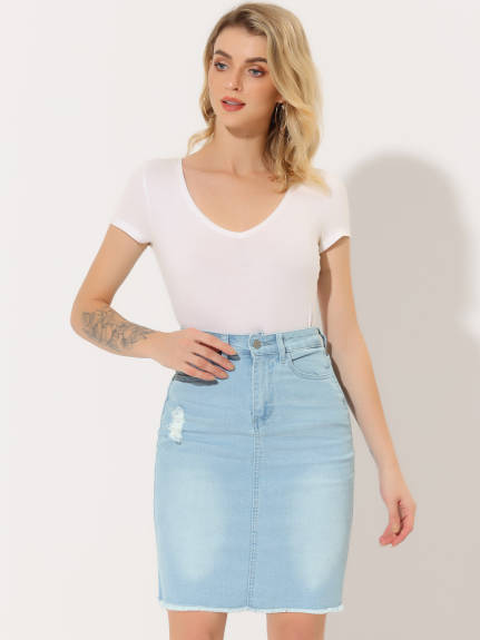 Allegra K- Distressed Ripped Hem Washed Denim Skirt