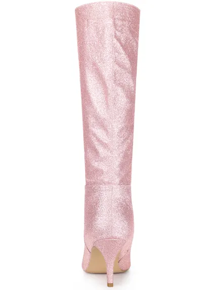 Allegra K - Glitter Stiletto Heel Knee High Boots