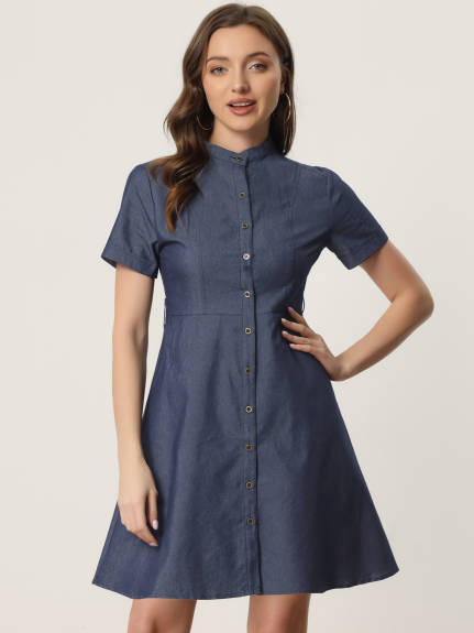 Allegra K- Button Down Short Sleeve Denim Chambray Shirt Dress