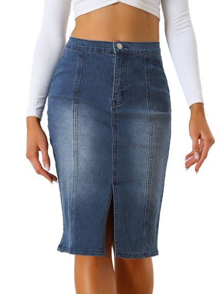 Allegra K- Elastic Waist Split Denim Pencil Skirt