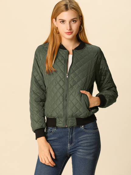 Allegra K- Stand Collar Raglan Sleeve Quilted Bomber Jacket