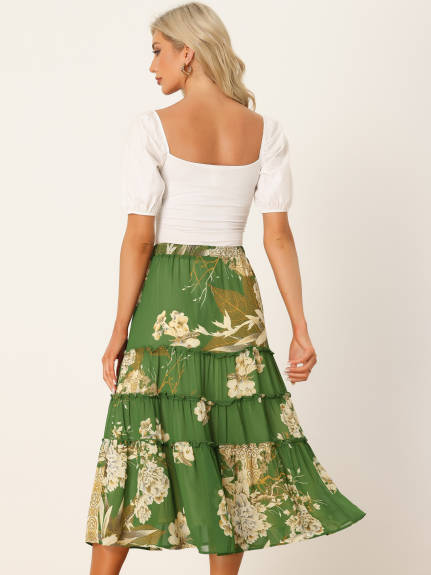 Allegra K- Floral Tiered A-Line Long Chiffon Skirt