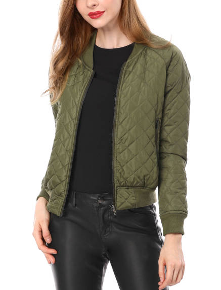 Allegra K- Stand Collar Raglan Sleeve Quilted Bomber Jacket