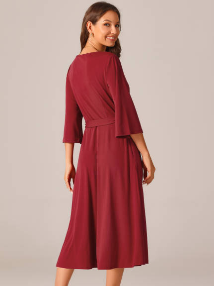 Allegra K - Elegant Crewneck Tie Waist Midi Dress