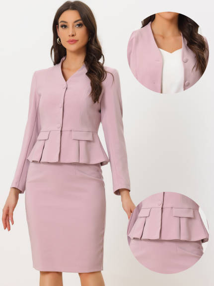 Allegra K - Collarless Peplum Blazer Skirt Business Suit