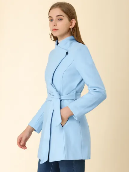 Allegra K- Classic Stand Collar Belted Long Coat