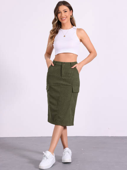 Allegra K - High Waist Corduroy Cargo Skirt