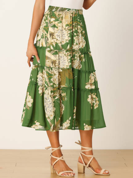 Allegra K- Floral Tiered A-Line Long Chiffon Skirt