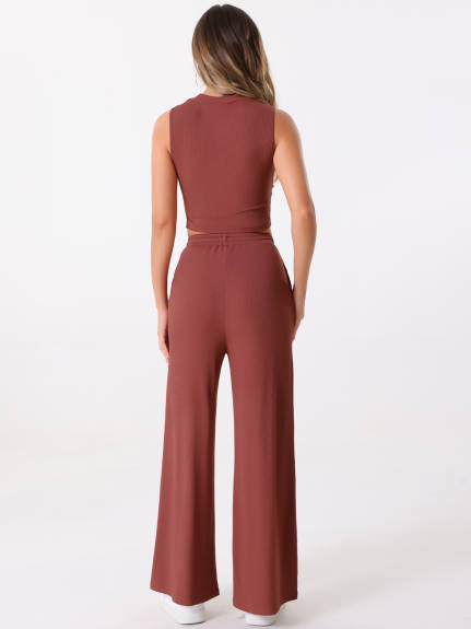 Allegra K - Crop Tank Top Wide Leg Pants Lounge Set