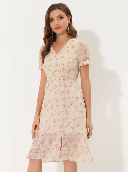 Allegra K- Chiffon Ruffled V Neck Floral Midi Dress