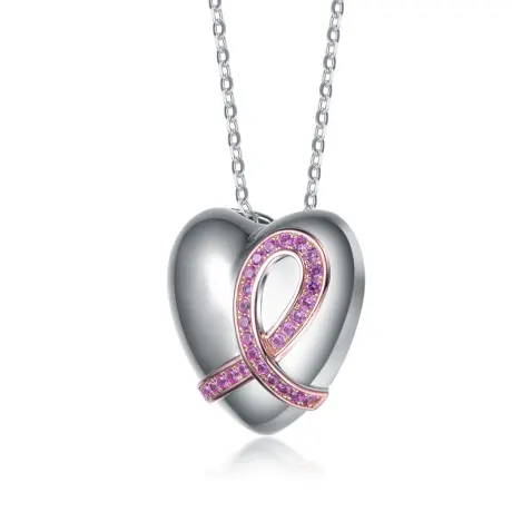 Rachel Glauber Two Tone with Pink Cubic Zirconia Heart Pendant Necklace