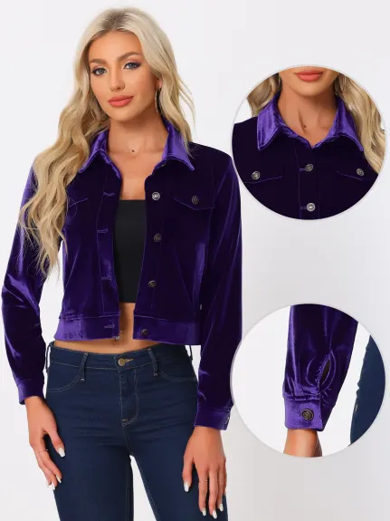 Allegra K - Velvet Button Up Cropped Casual Jacket