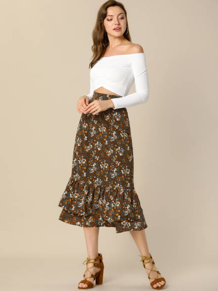 Allegra K- Printed Chiffon Ruffle Tiered Zipper Midi Skirt