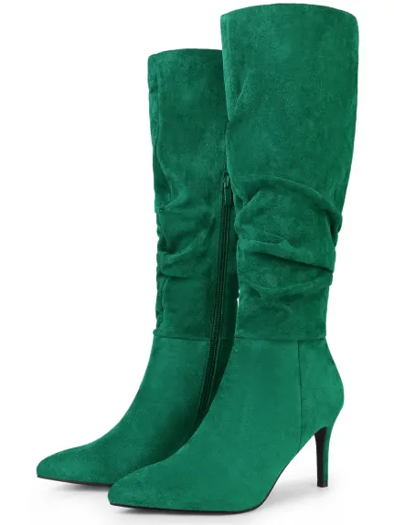 Allegra K - Slouch Pointed Toe Stiletto Heel Knee High Boots