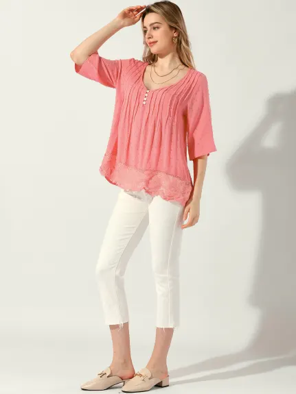 Allegra K - Lace V Neck Summer Lace Hem Top