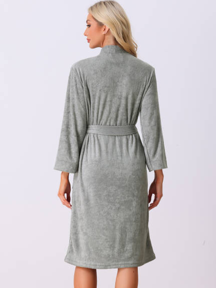 Cheibear - Solid Shawl Collar Midi Bath Robe