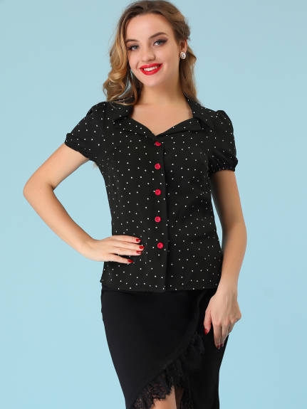 Allegra K - Polka Dots Short Sleeve Button Up Blouse