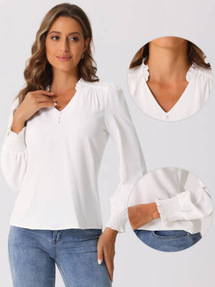 Allegra K  - Ruffle V Neck Puff Long Sleeve Blouse