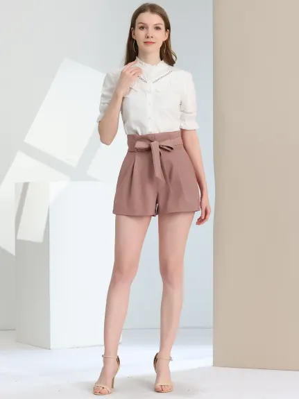 Allegra K- Bow Belt High Paper Bag Waist Shorts