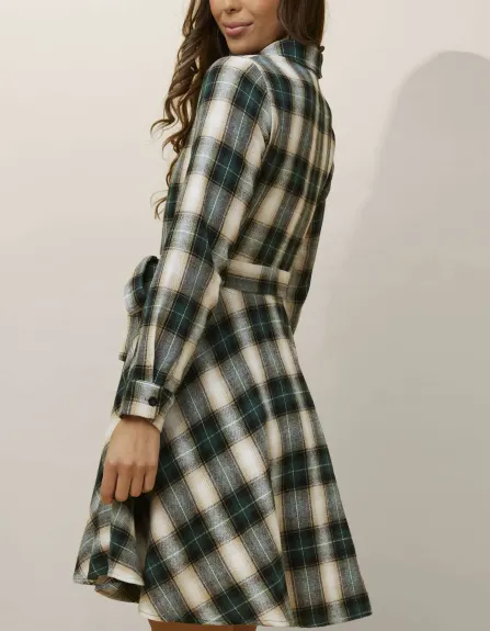 Annick - Fiona Shirt Dress Waist Tie Plaid Print Green