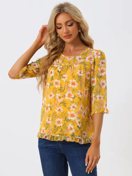 Allegra K- Floral Ruffled 3/4 Sleeve Chiffon Blouses